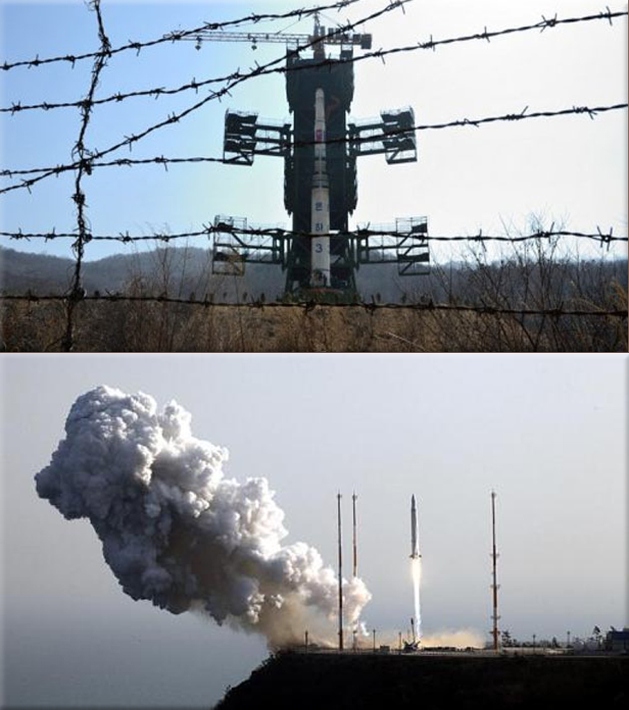 The North Korean Unha-3 rocket is pictured at Tangachai space center on April 8, 2012 (Pedro Ugarte, AFP) ● KSLV-1 (Naro) rocket lifts off from the launch pad at Goheung Space Centre. (Yonhap, Lee Sang-hak, AP)
