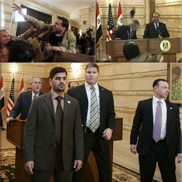 Iraqi journalist throws shoes at United States President George W. Bush during press conference in Baghdad - The shoe-thrower - Muntadhar al-Zaidi, an Iraqi journalist with Egypt-based al-Baghdadia television network; Hurling shoes at someone, or sitting so that the bottom of a shoe faces another person, is considered an insult among Muslims; Security personnel surround President Bush after an Iraqi threw his shoes at him in Baghdad Sunday. credit Raw News
