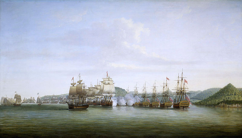 American Revolutionary War: Battle of St. Lucia; Naval Battle of Santa Lucia, December 15, 1778 - Left the 12 ships of d'Estaing - Right, the 7 vessels of Barrington - The French fleet was defeated