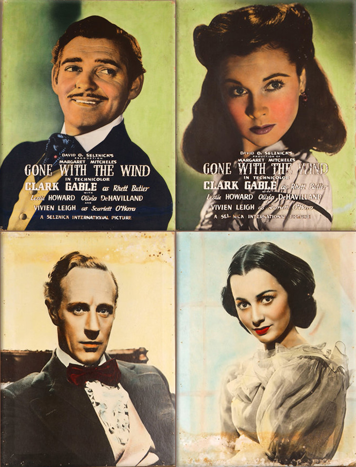 Gone with the Wind: movie poster with Clark Gable, 1939; Vivien Leigh from 'Gone With the Wind,' 1939; Poster featuring Leslie Howard as Ashley Wilkes; Poster of Olivia de Havilland as Melanie Hamilton, courtesy Herb Bridges