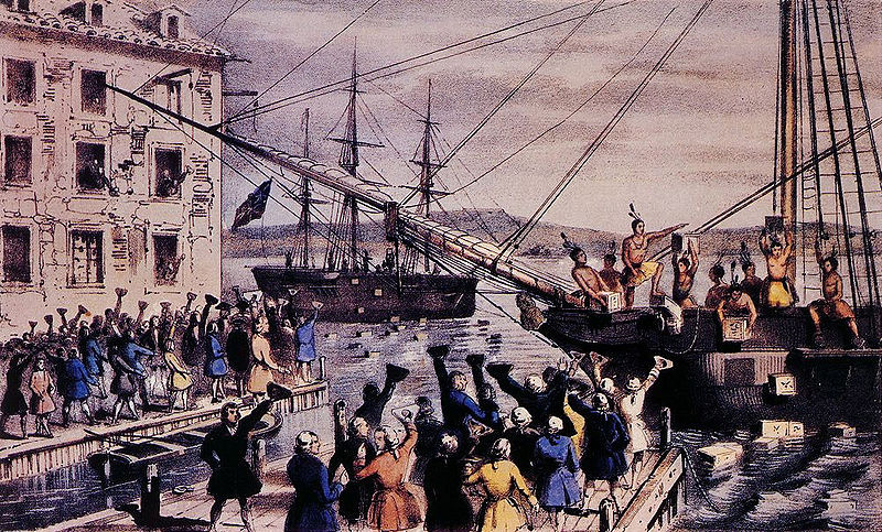 American Revolutionary War: Boston Tea Party; iconic 1846 lithograph by Nathaniel Currier was entitled 'The Destruction of Tea at Boston Harbor'; the phrase 'Boston Tea Party' had not yet become standard. Contrary to Currier's depiction, few of the men dumping the tea were actually disguised as Indians