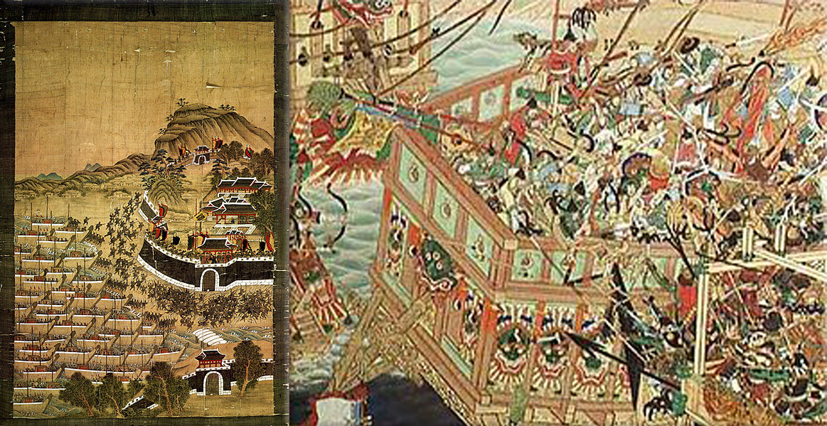 Seven Years' War (Japanese invasions of Korea (1592–1598): The Japanese landing on Busan; Battle of Noryang (Part of a Naval Battle Scroll from the Imjin War)