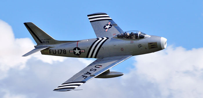 North American F-86 Sabre (Sabrejet) was a transonic jet fighter aircraft. Produced by North American Aviation, the Sabre is best known as America's first swept wing fighter which could counter the similarly winged Soviet MiG-15 in high-speed dogfights over the skies of the Korean War