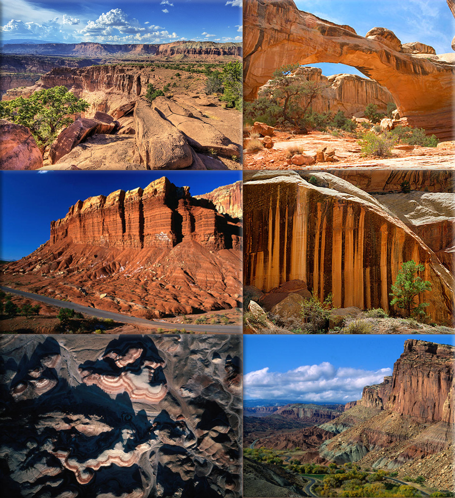 Capitol Reef National Park: Utah Striped Cliff; Brimhall Natural Bridge; Egyptian Temple, Ross Barnett, Lonely Planet; Aerial view of rocks, Beverly & Woodward Payne Anderson, Lonely Planet; Tall cliffs along Sulphur Creek Canyon, John Elk III, Lonely Planet