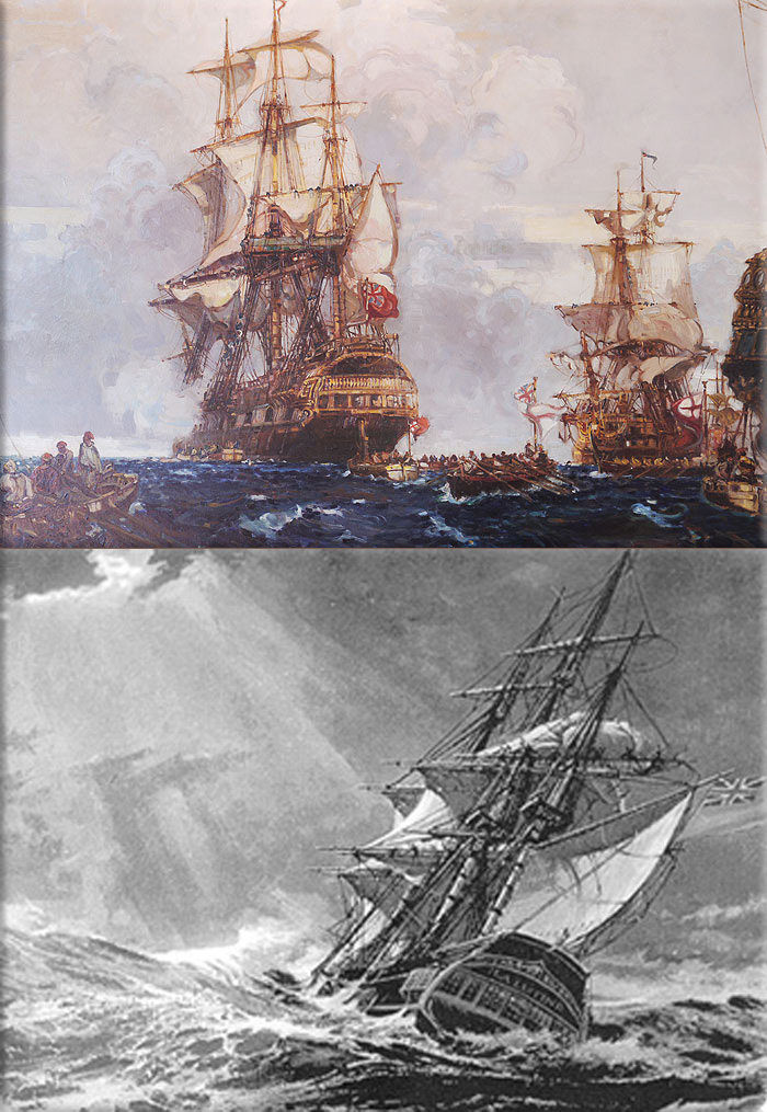 H.M.S. Lutine leaving Yarmouth Roads, Oct. 9, 1799, on her last voyage. (From the painting by Frank Mason, R.A., in the Committee Room of Lloyd's, London.) See Chapter XI; HMS Lutine in distress, credit Gutenberg.org