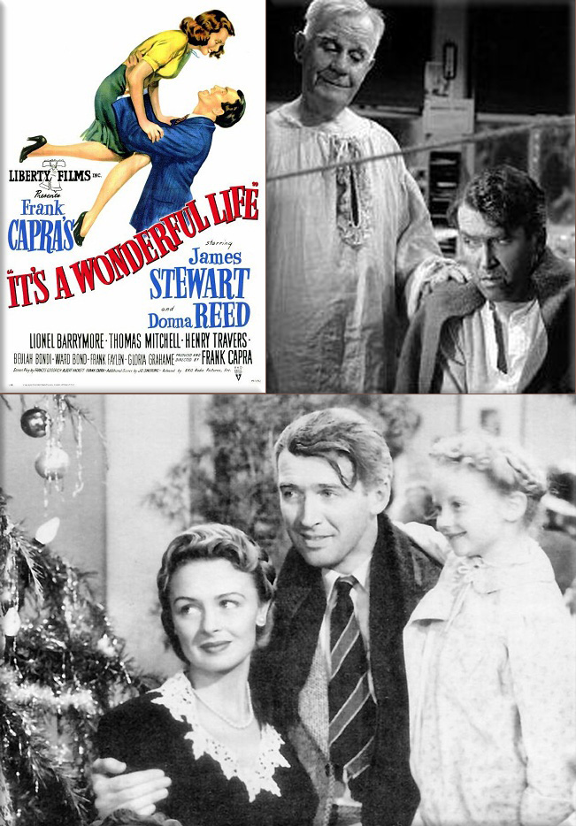 It's a Wonderful Life: Theatrical release poster; Henry Travers as Clarence Odbody, after 'saving' George; George Bailey (James Stewart), Mary Bailey (Donna Reed) and their youngest daughter Zuzu (Karolyn Grimes)