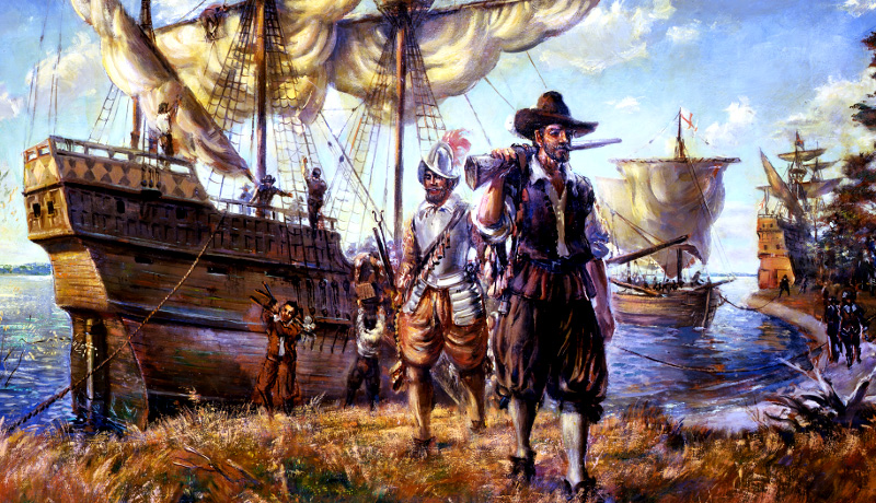 Susan Constant, Discovery, and Godspeed: wind-powered ships that brought English colonists to Jamestown in 1607, credit National Park Service, Sidney King Paintings