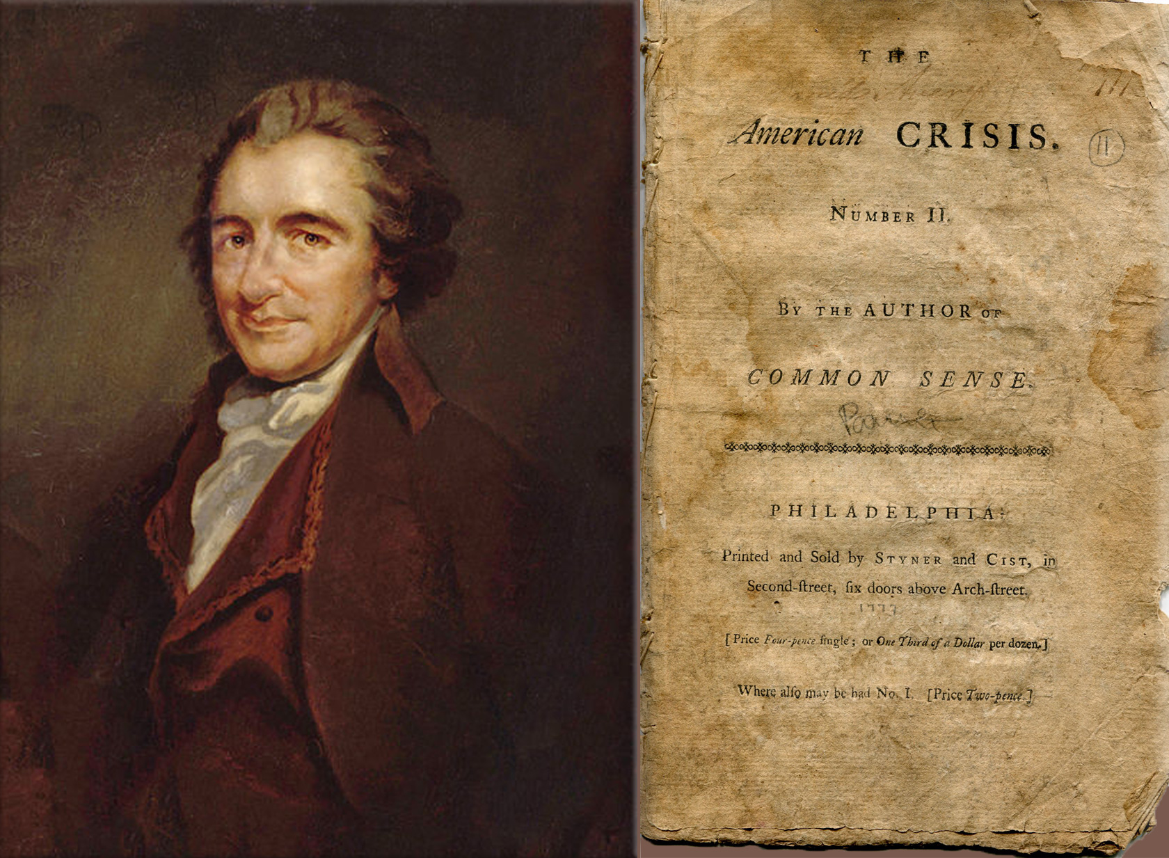 Thomas Paine oil painting by Auguste Millière (1880); The American Crisis, a pamphlet series by 18th century Enlightenment philosopher and author Thomas Paine, originally published from 1776 to 1783 during the American Revolution