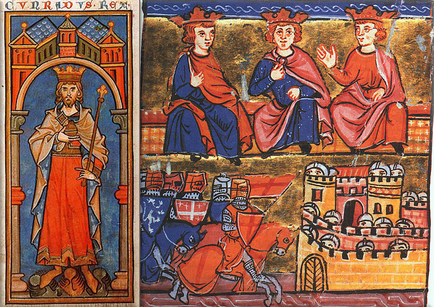 Crusades: King Conrad III (Cunradus rex) in a 13th-century miniature; Second Crusade council: Conrad III of Germany, Eleanor’s husband Louis VII of France, and Baldwin III of Jerusalem