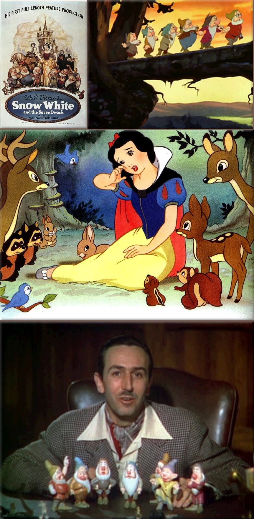 Snow White and the Seven Dwarfs: Original theatrical one-sheet poster; The famous 'Heigh-Ho' sequence from Snow White and the Seven Dwarfs, animated by Shamus Culhane; Walt Disney introduces each of the Seven Dwarfs in a scene from the original 1937 Snow White and the Seven Dwarfs theatrical trailer
