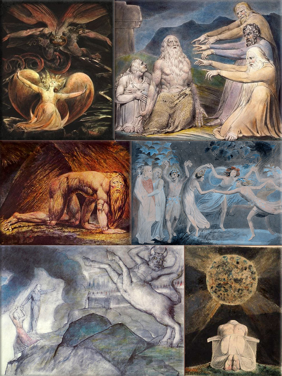 William Blake depections: The Great Red Dragon and the Woman Clothed with Sun (1805); 'Job Rebuked by His Friends'; Holy Fool; Oberon, Titania and Puck with Fairies Dancing (1786);  Minotaur to illustrate Inferno, Canto XII,12–28, The Minotaur XII; The archetype of the Creator