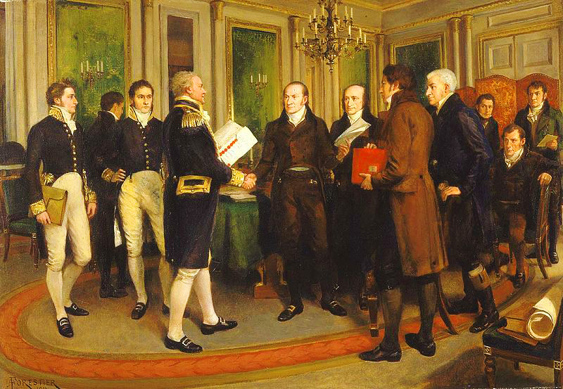 Signing of the Treaty of Ghent: Admiral of the Fleet James Gambier is shaking hands with United States Ambassador to Russia John Quincy Adams; British Under-Secretary of State for War and the Colonies Henry Goulburn is carrying a red folder
