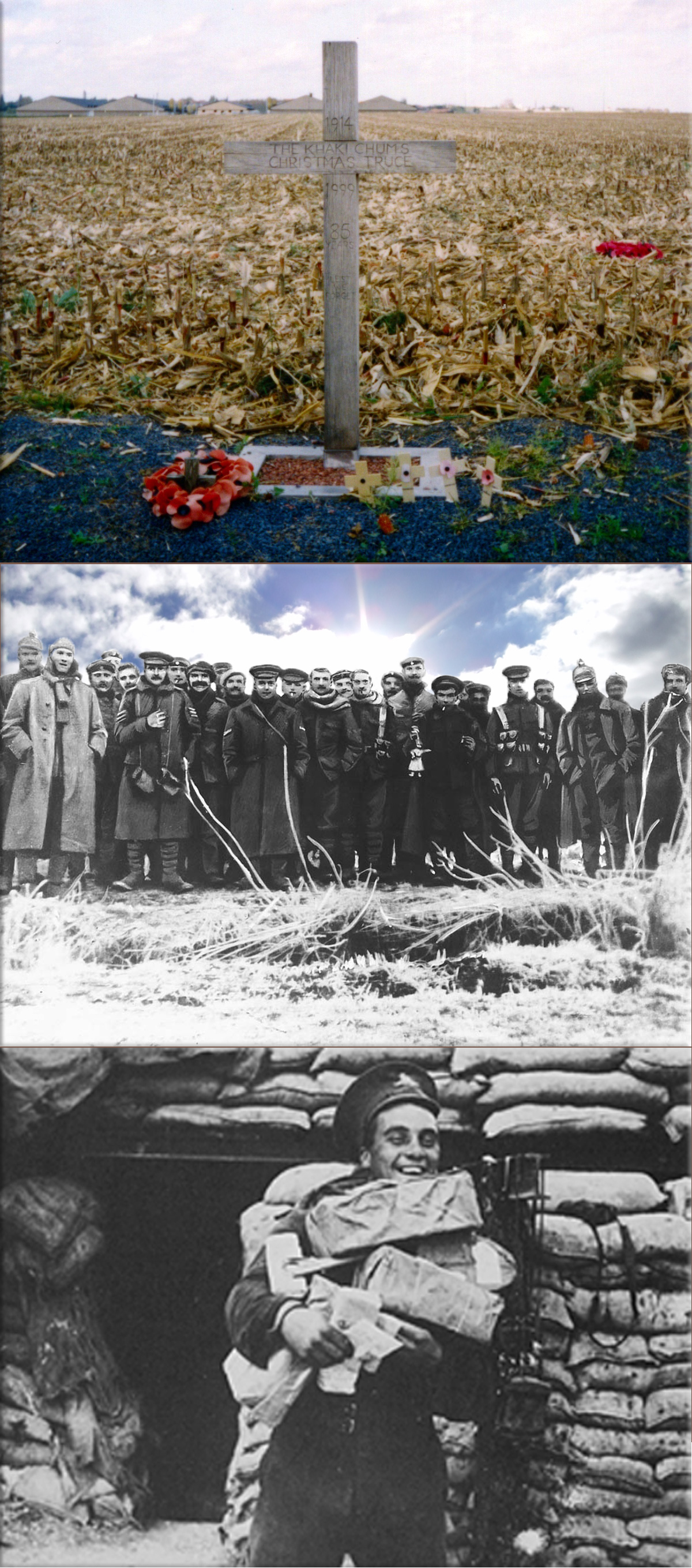 World War I: A cross, left near Ypres in Belgium in 1999, to commemorate the site of the Christmas Truce in 1914 (The text reads: 1914 – The Khaki Chum's Christmas Truce – 1999 – 85 Years – Lest We Forget.British and German troops hold a temporary truce on Christmas Day 1914 during World War I)
