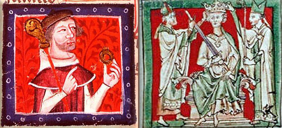 Contemporary depiction of Stephen's brother Henry of Blois, with his bishop's staff and ring; A 13th century depiction of the coronation of Stephen, by Matthew Paris