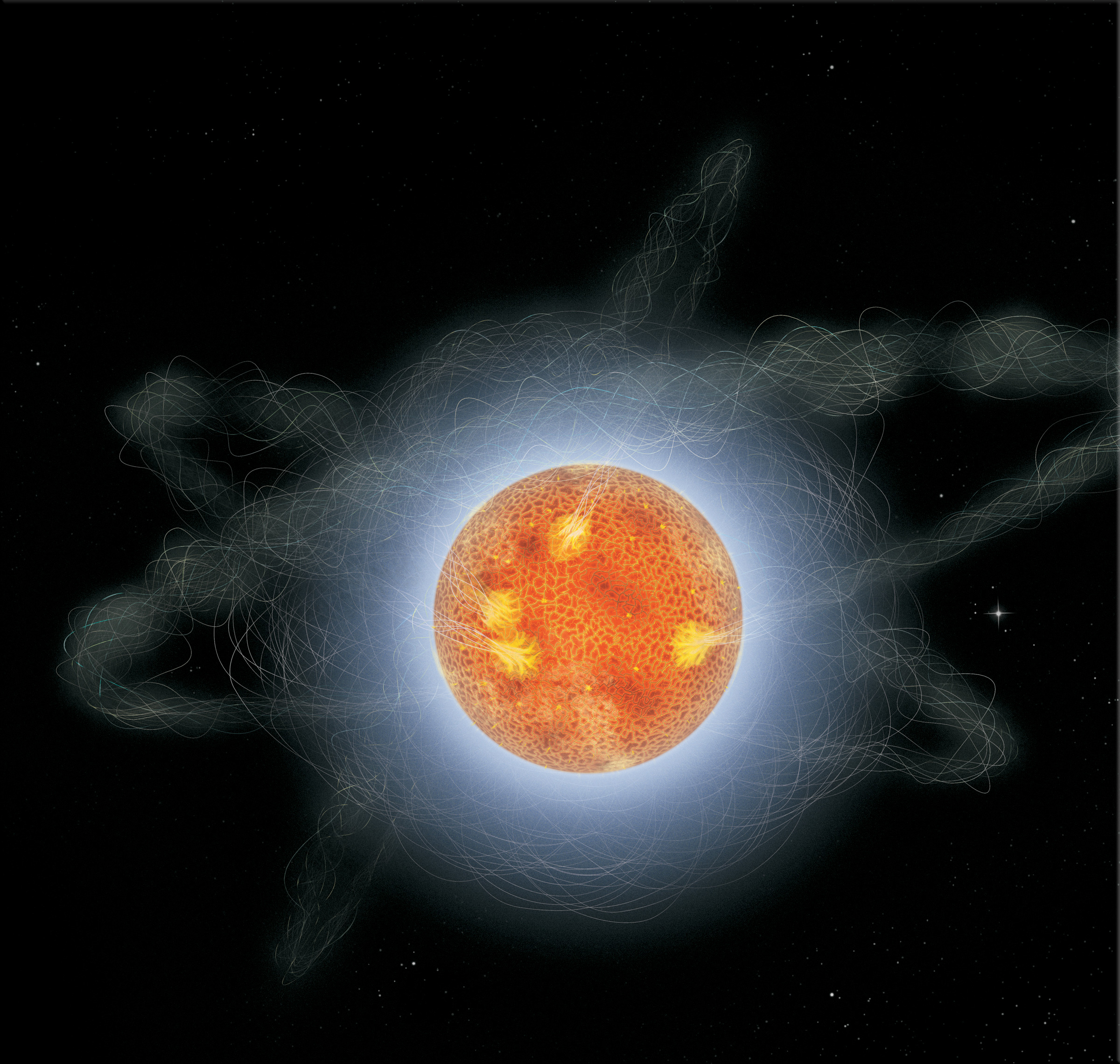 Artist rendering depicts how a magnetar might appear if we could travel to one and view it up close, something that would not be advisable, credit: Sky & Telescope, Gregg Dinderman