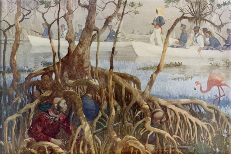 Seminole Wars: An American boat expedition searching the Everglades during the Second Seminole War