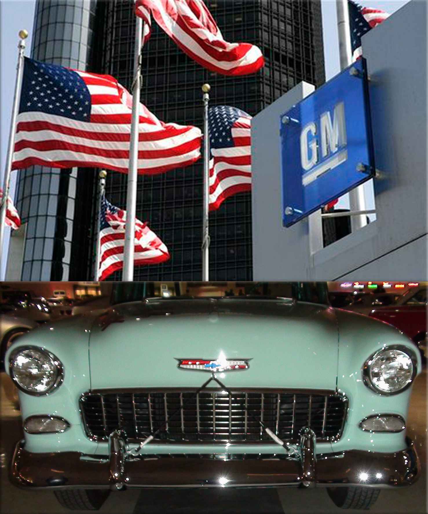 General Motors Corporation becomes the first U.S. corporation to make over US$1 billion in a year (General Motors Headquarters, credit AP; GM Heritage Center - 067 - Cars - 1955 Chevrolet, credit Tino Rossini, Flickr)